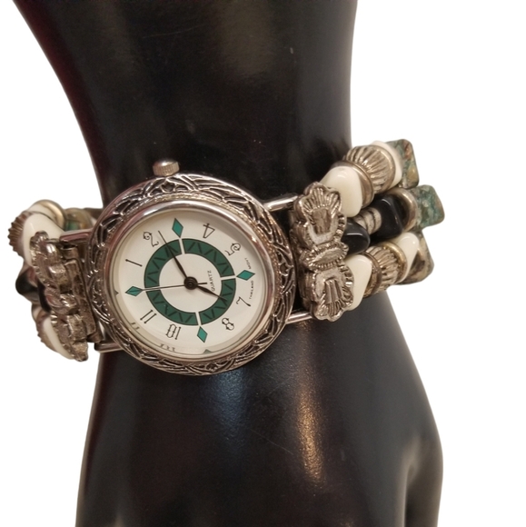 NATIVE AMERICAN STYLE SILVERTONED, GEMSTONE & ABALONE SHELL BAND LADIES WATCH - Picture 1 of 8